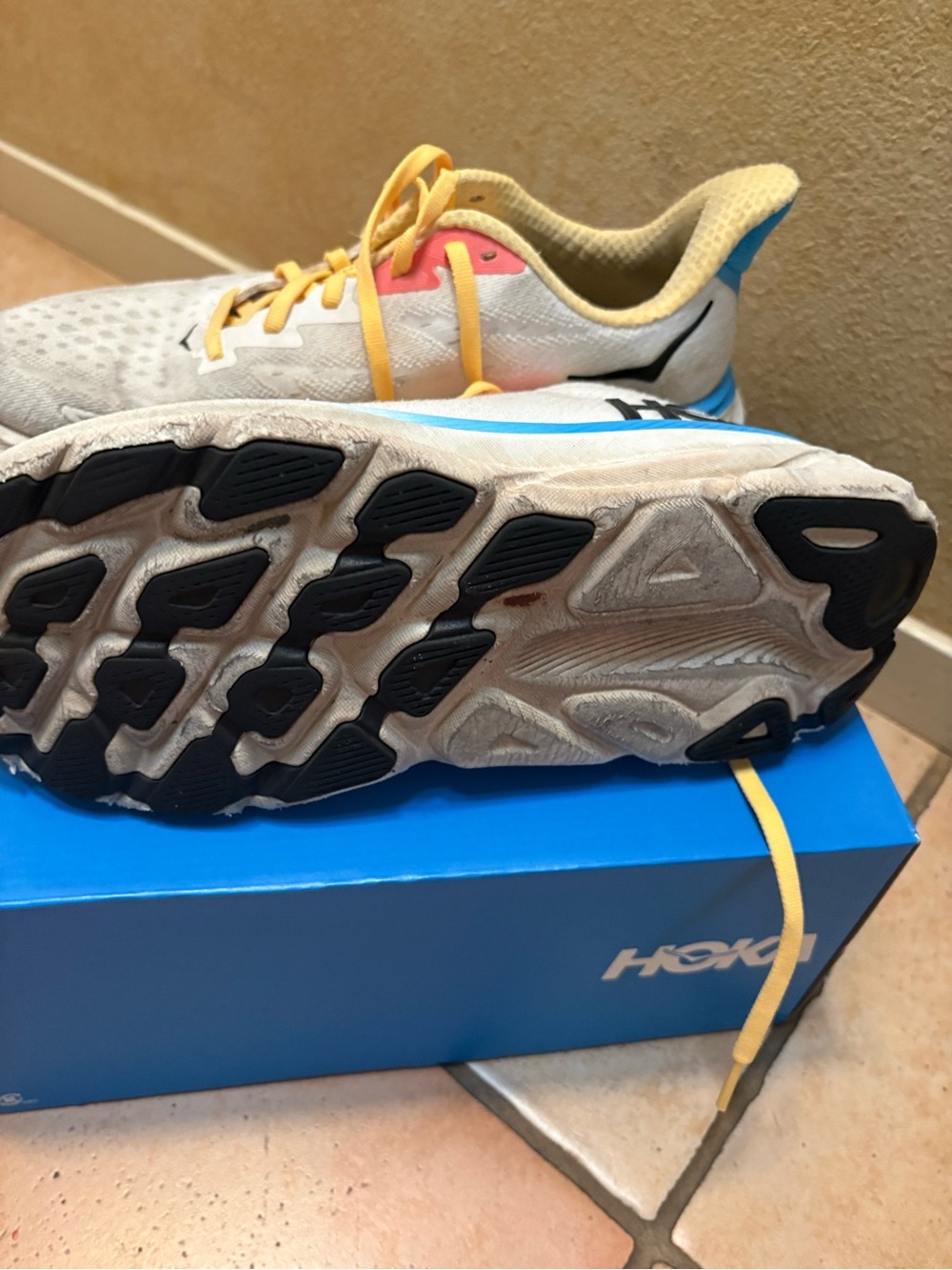 Hoka One One Women's White Running Shoes with Blue & Yellow Accents - Picture 4 of 5